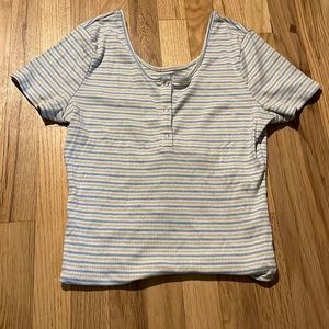 Blue and tan striped body suit